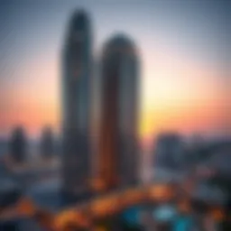 Stunning architecture of Al Barsha Twin Towers at sunset