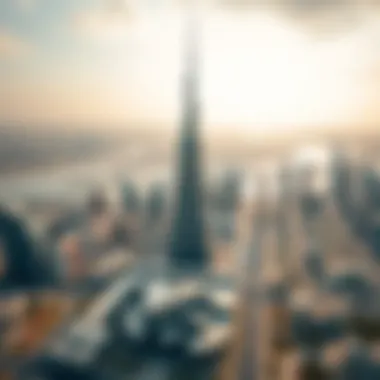 Aerial view capturing the Central Tower's position in the Dubai skyline