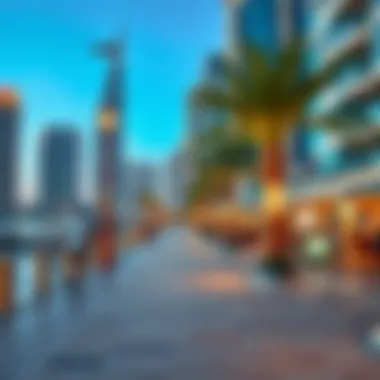 Vibrant waterfront promenade in Dubai Marina with cafes and recreational areas.