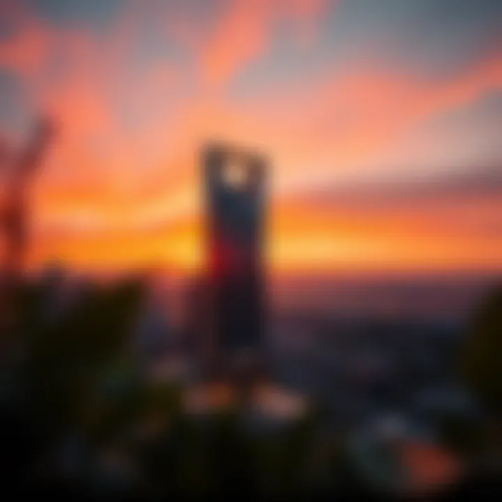 A captivating rendering of the V Tower at sunset, emphasizing its unique design and elegance.