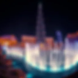 A panoramic view of the Dubai Mall Fountain illuminated at night