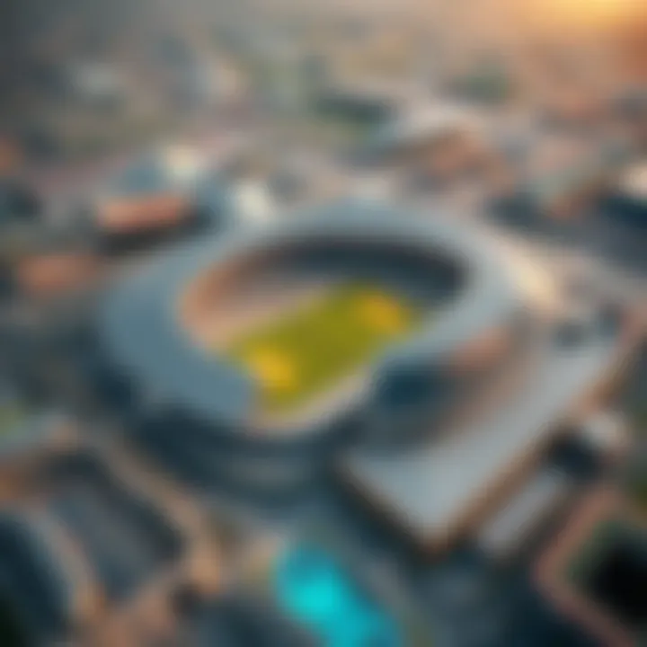 Aerial view showcasing the expansive sports facilities of Dubai Sports City