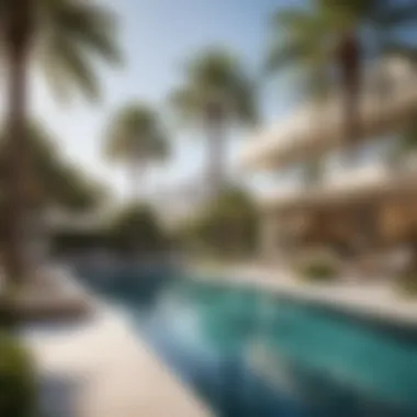 The luxurious swimming pool area at The Eight Palm, surrounded by palm trees