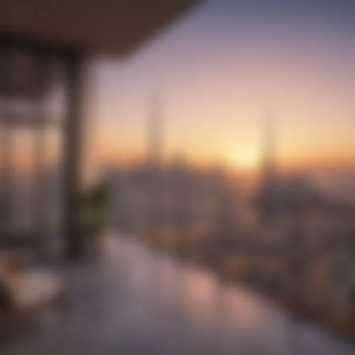 A cozy balcony view of a Dubai skyline at sunset