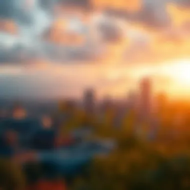 A panoramic view of the city skyline during sunset, highlighting seasonal changes in weather.