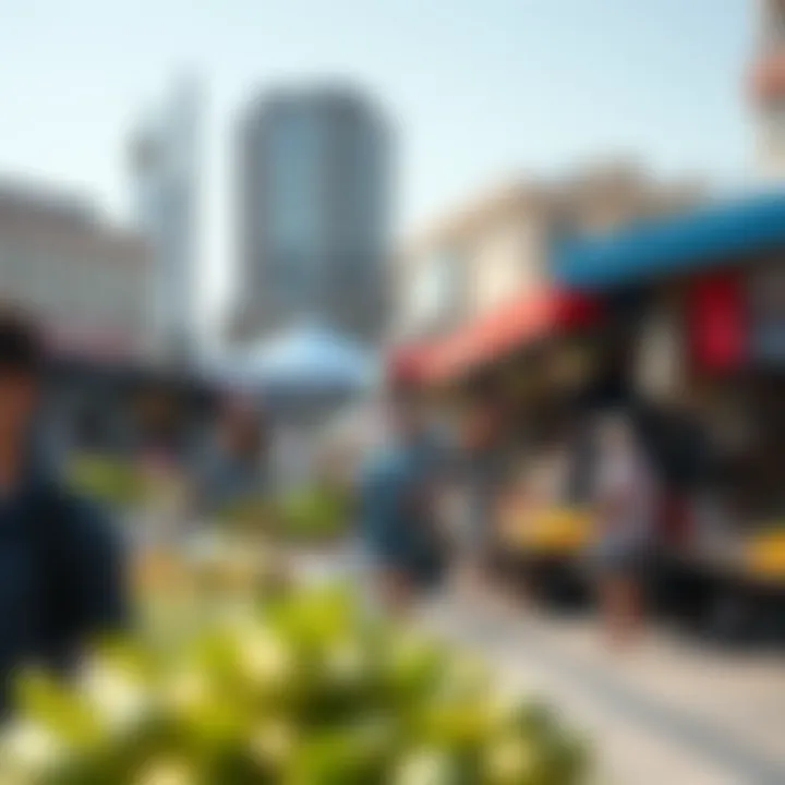 A bustling market scene showcasing locals engaging in outdoor activities under clear skies.